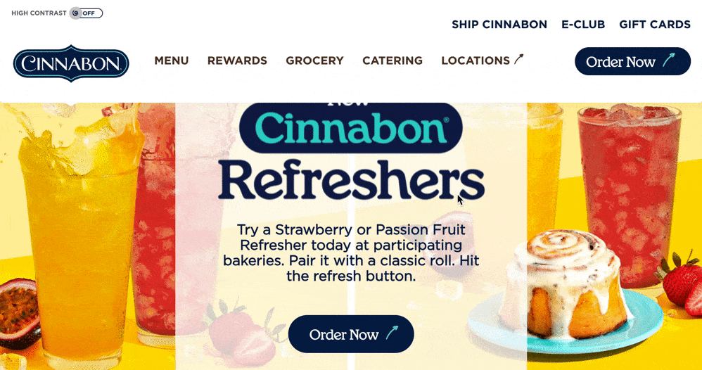 Toggling the High Contrast switch to change the readability of Cinnabon's website