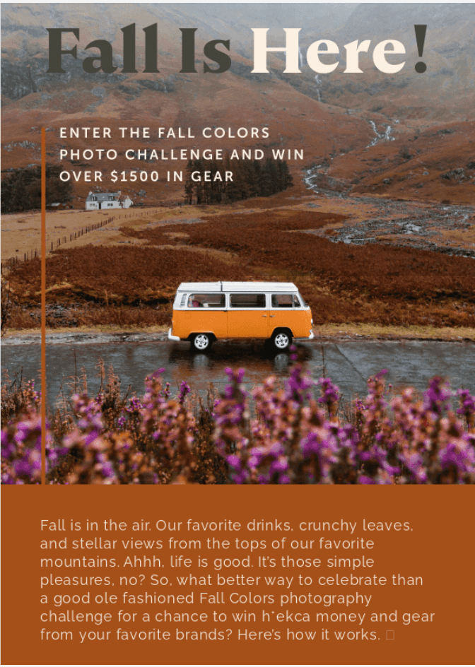 Fall contest email with a camper van driving through a fall park