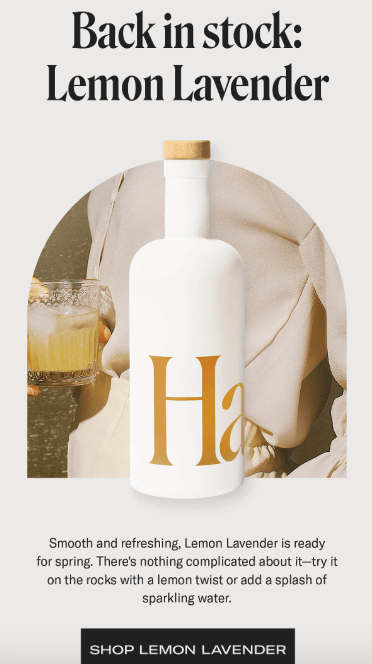 Tan email featuring a lemon lavender product bottle