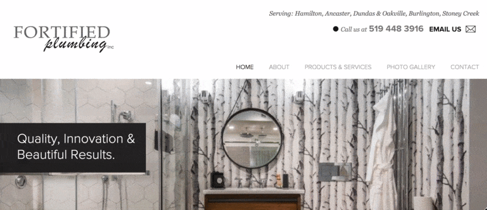 Scrolling through Fortified Plumbing's website to reveal a modern, black and gray design