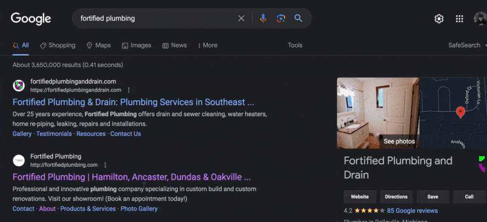 Clicking on Fortified Plumbing's website in Google and loading their homepage