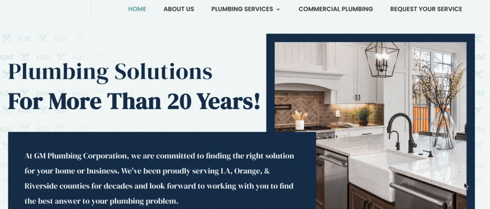 Homepage for GM Plumbing showing use of whitespace