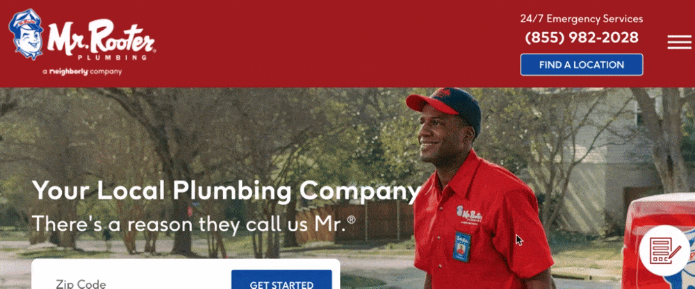 Red and blue web design integrated throughout Mr. Rooter's website