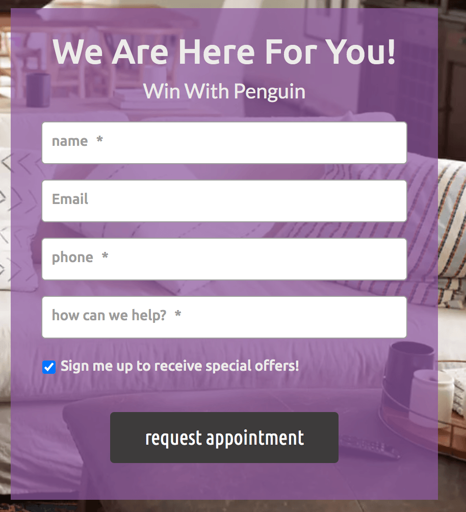 Purple contact form on Penguin Electrical's website asking for a name, email, phone number, and what they need help with